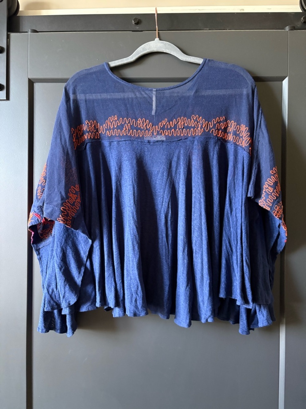 NWT Free People Navy Boho Embroidered Swing Top | Pink & Orange Accents | Linen - Picture 3 of 6